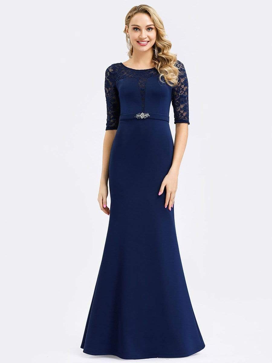 Color=Navy Blue | Elegant Fishtail Bridesmaid Dress With Lace Sleeves-Navy Blue 1