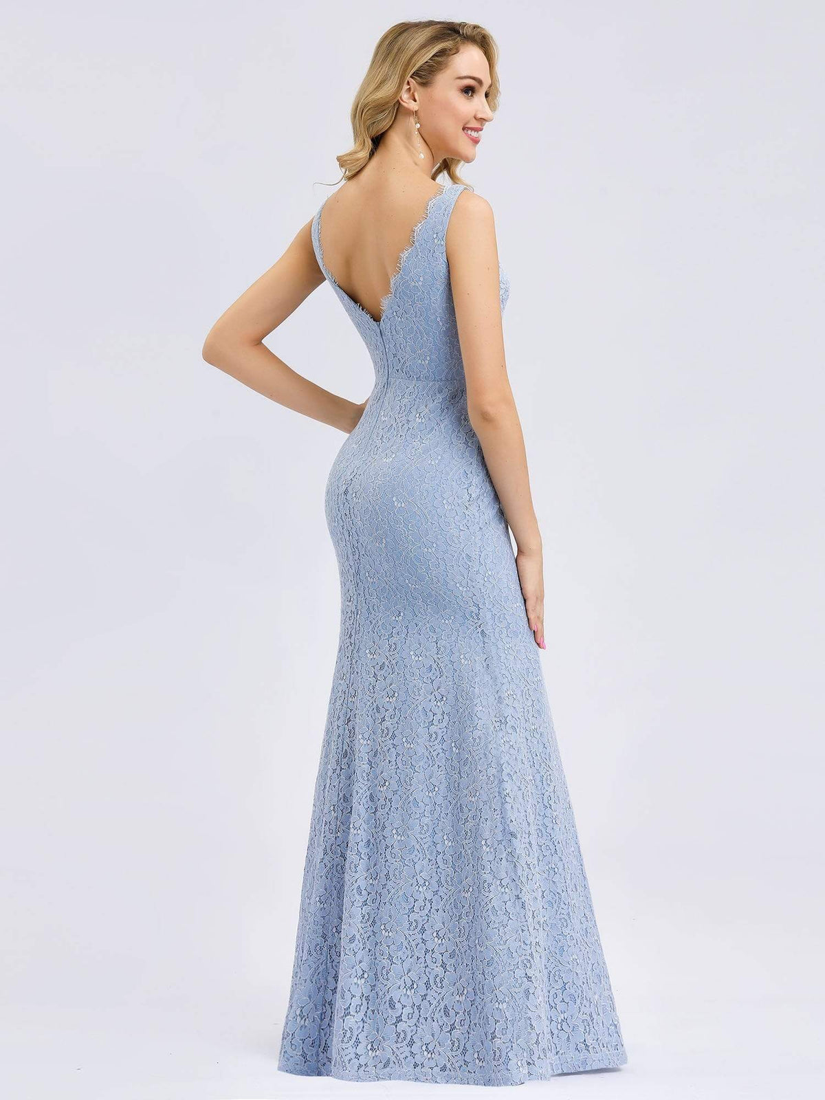 Color=Sky Blue | Women'S Double V-Neck Floral Lace Dress Floor-Length Mermaid Dress-Sky Blue 2