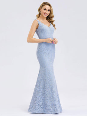 Color=Sky Blue | Women'S Double V-Neck Floral Lace Dress Floor-Length Mermaid Dress-Sky Blue 3