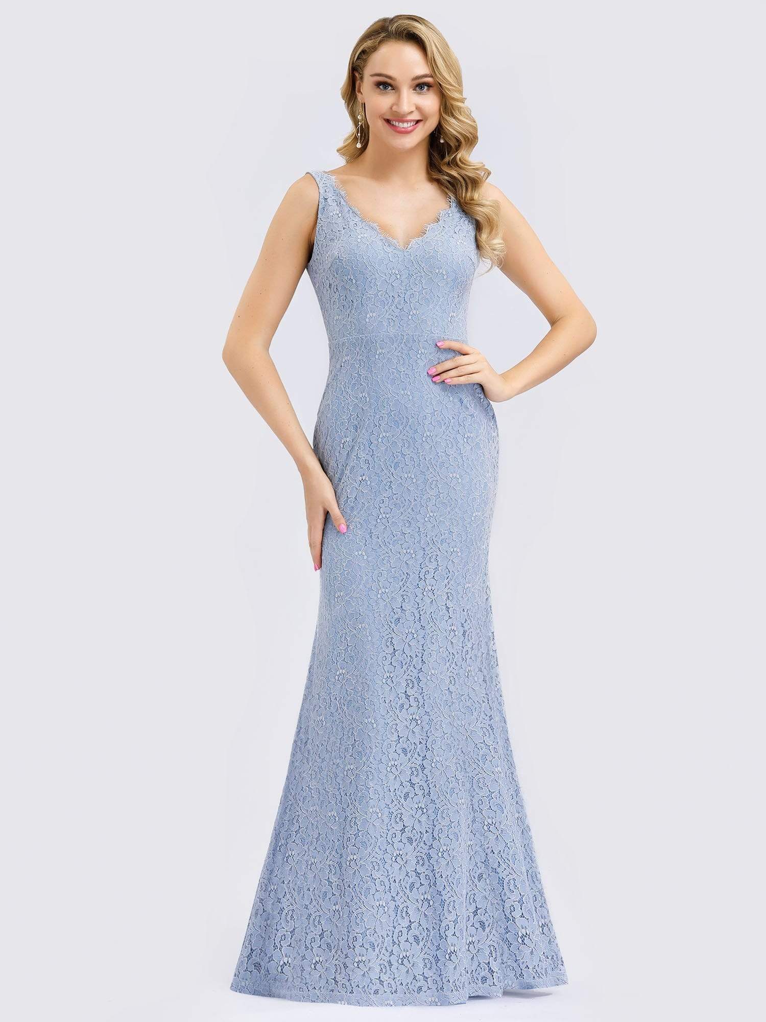 Color=Sky Blue | Women'S Double V-Neck Floral Lace Dress Floor-Length Mermaid Dress-Sky Blue 1