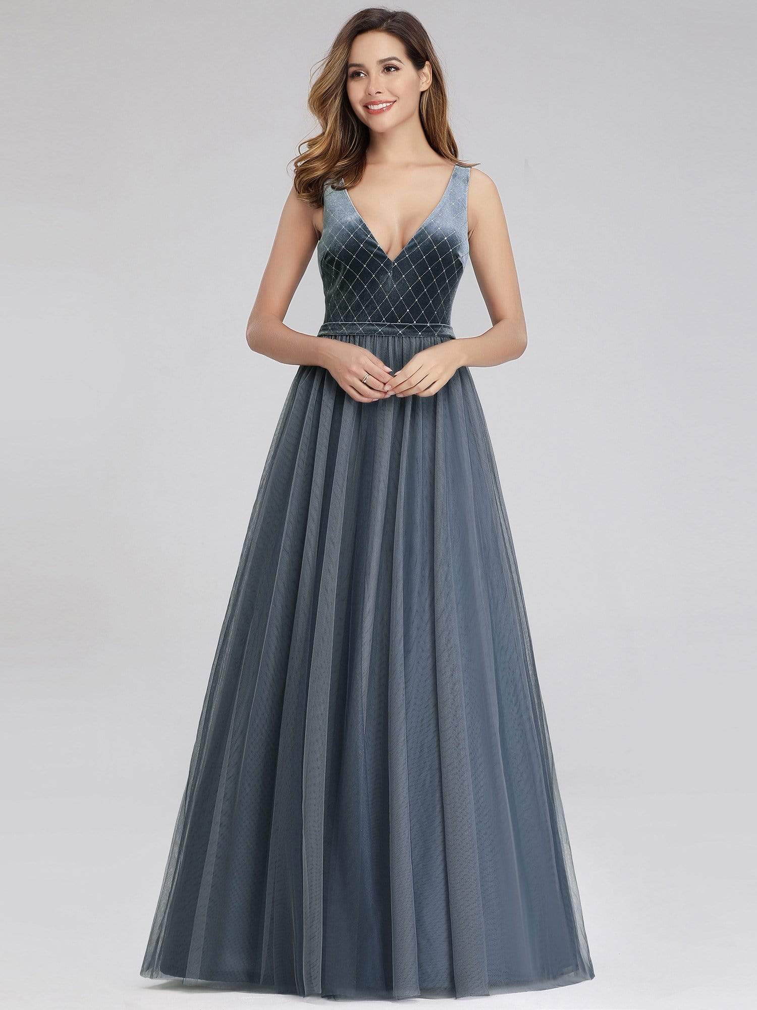 Color=Dusty Navy | Women'S A-Line V-Neck Sleeveless Floor-Length Evening Dress-Dusty Navy 7