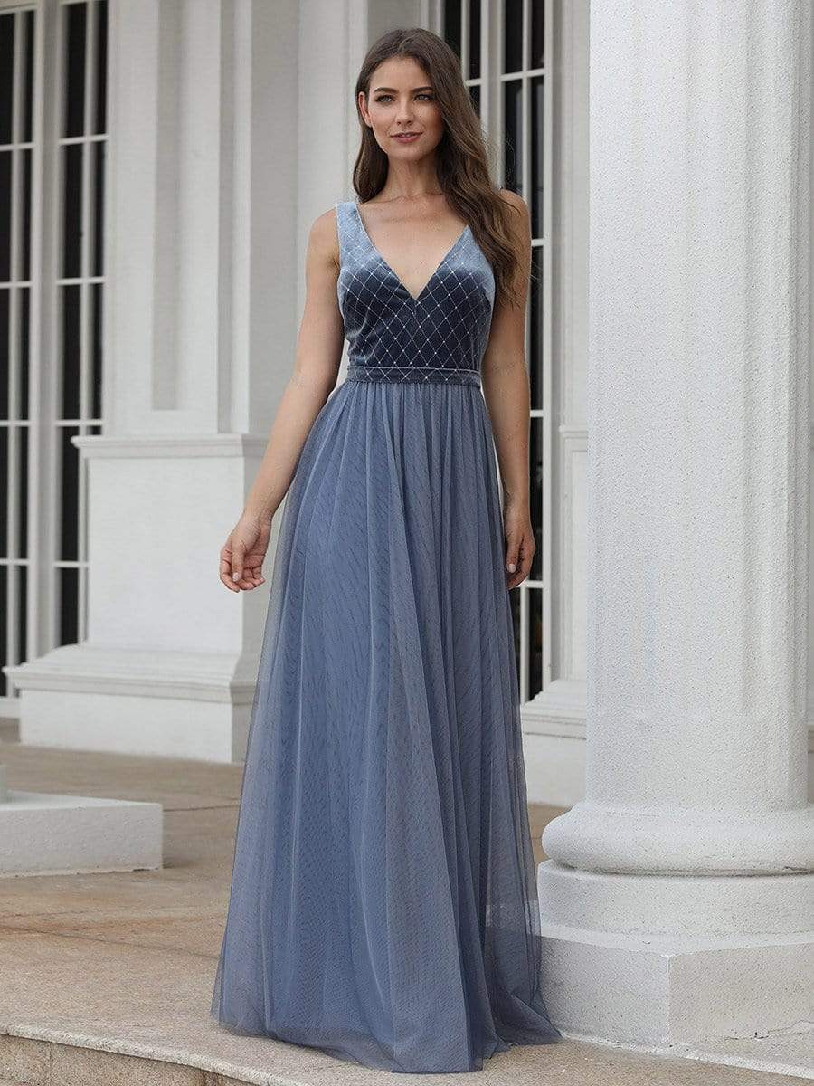 Color=Dusty Navy | Women'S A-Line V-Neck Sleeveless Floor-Length Evening Dress-Dusty Navy 1