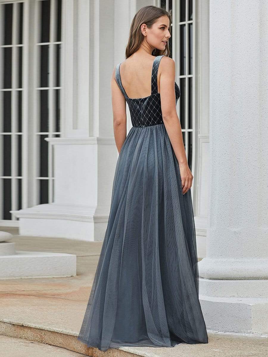 Color=Dusty Navy | Women'S A-Line V-Neck Sleeveless Floor-Length Evening Dress-Dusty Navy 2