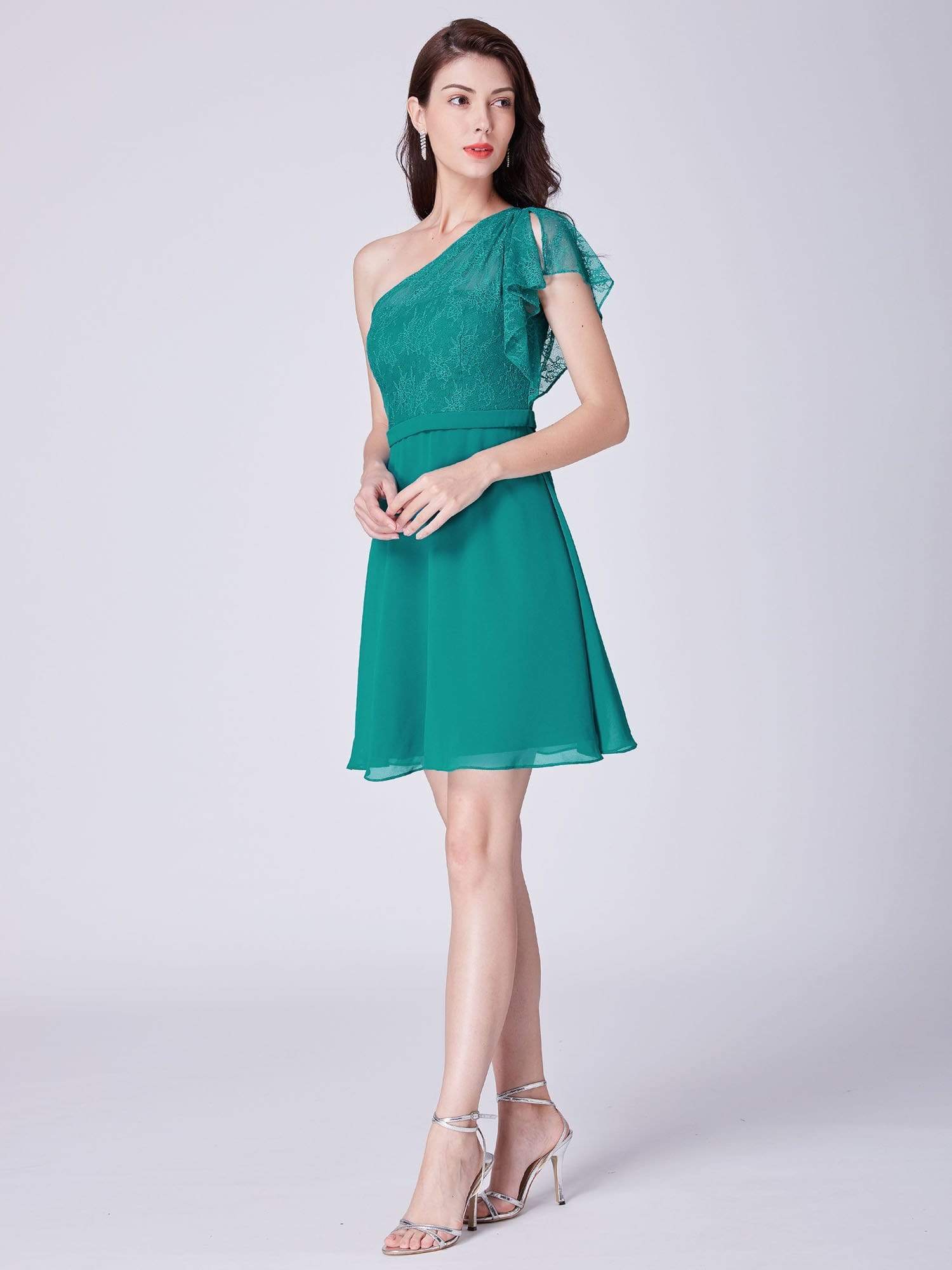 Color=Parasailing Green | Lacey One Shoulder Short Party Dress-Parasailing Green 4