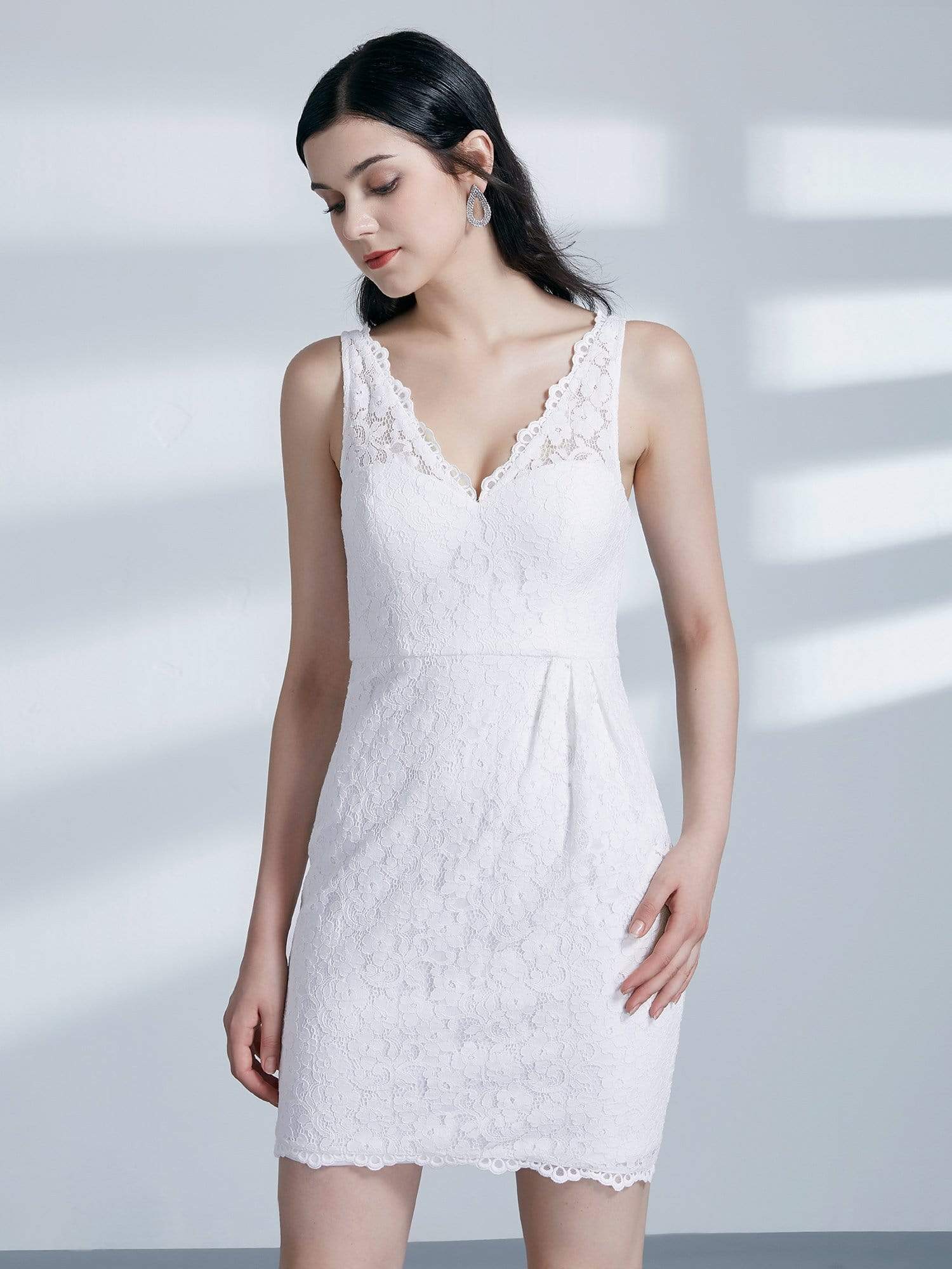 Color=Cream | Short White Lace Cocktail Dress-Cream 6