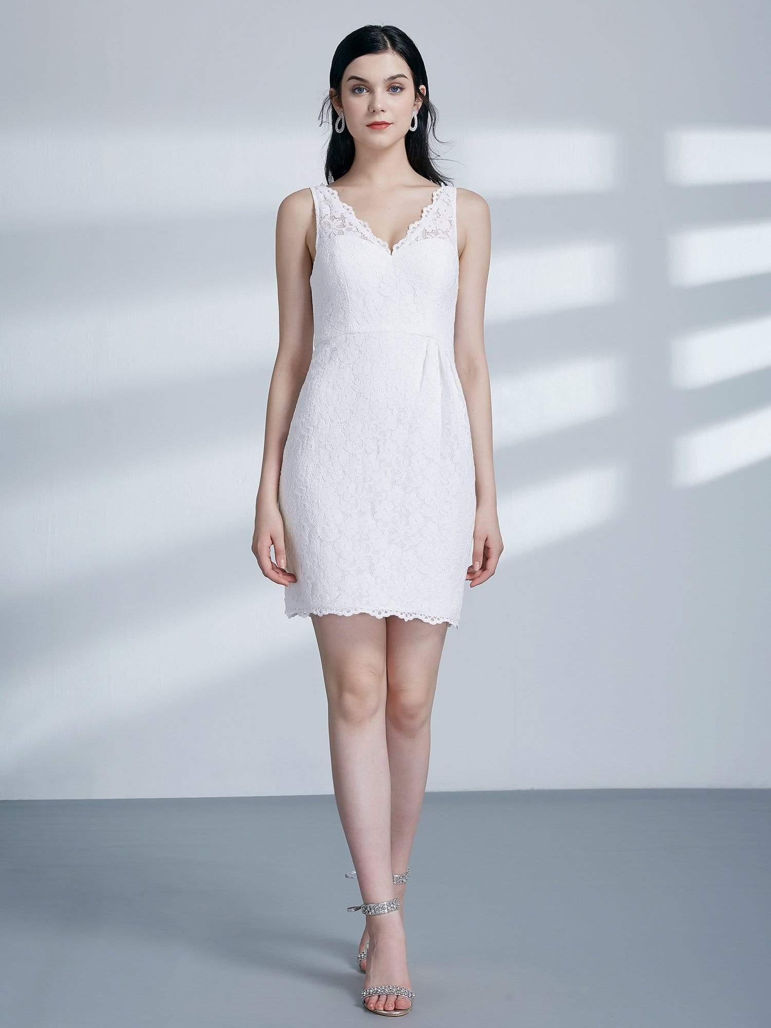 Color=Cream | Short White Lace Cocktail Dress-Cream 7