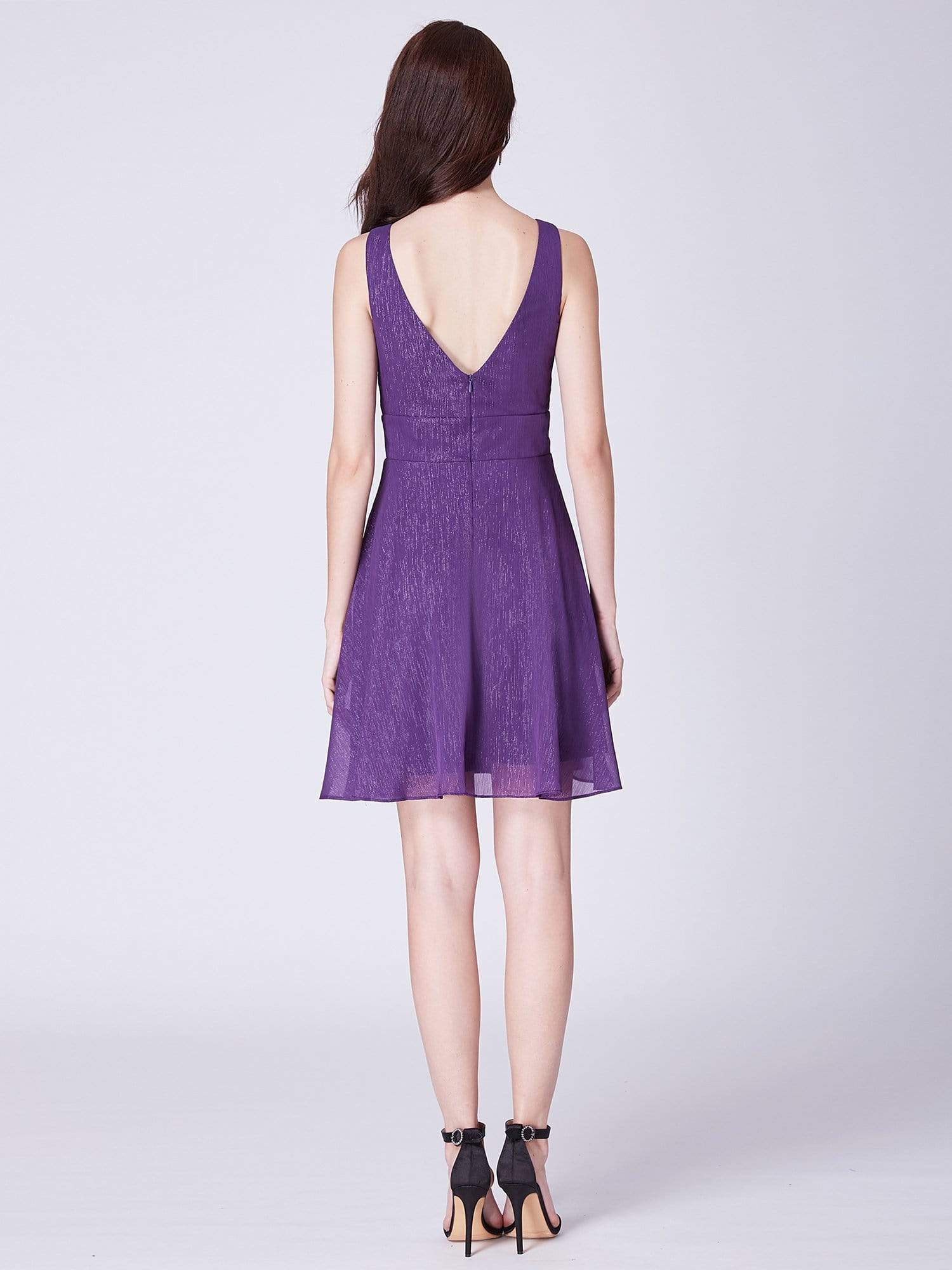 Color=Dark Purple | V Neck Short Fit And Flare Party Dress-Dark Purple 3