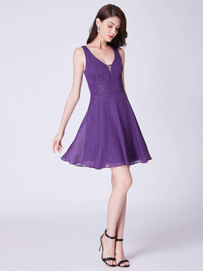 Color=Dark Purple | V Neck Short Fit And Flare Party Dress-Dark Purple 4