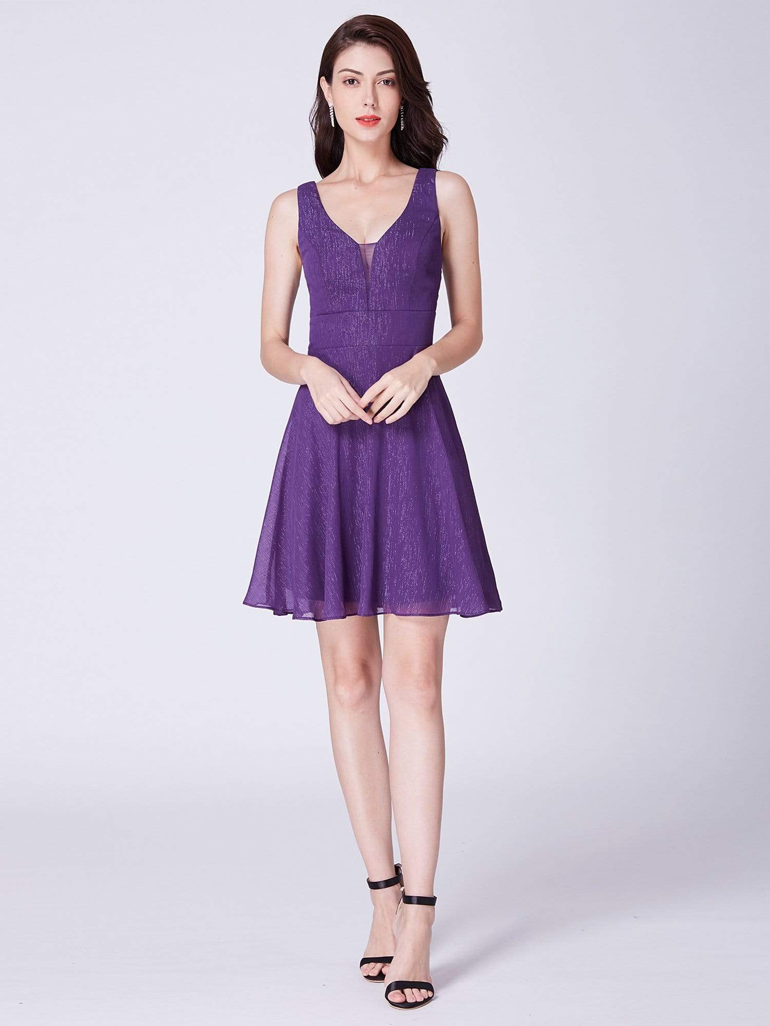 Color=Dark Purple | V Neck Short Fit And Flare Party Dress-Dark Purple 5