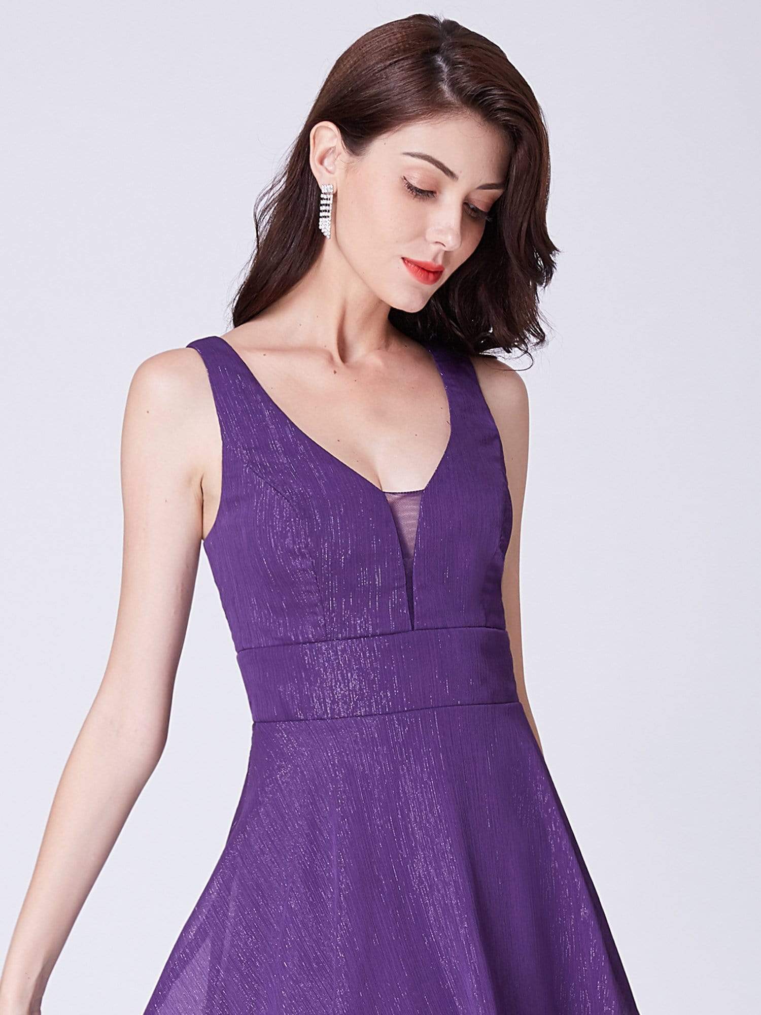 Color=Dark Purple | V Neck Short Fit And Flare Party Dress-Dark Purple 6