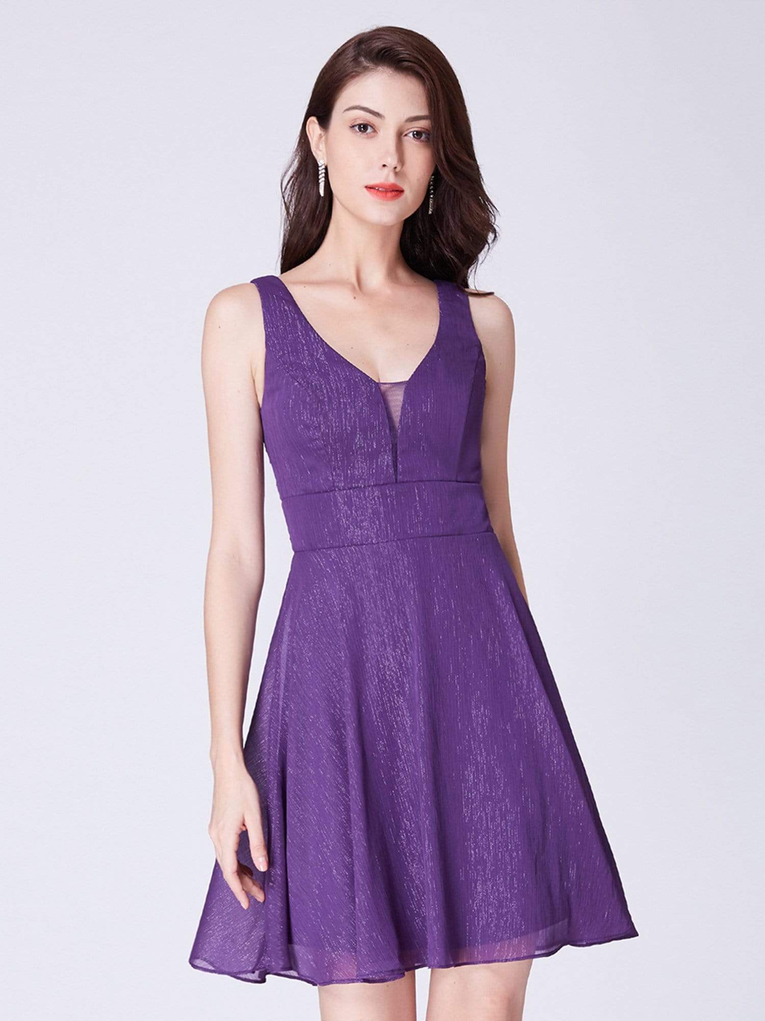 Color=Dark Purple | V Neck Short Fit And Flare Party Dress-Dark Purple 1