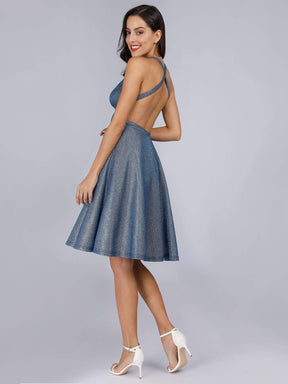 Color=Sapphire Blue | Sexy Deep V-Neck Knee Length Party Dress-Sapphire Blue 2