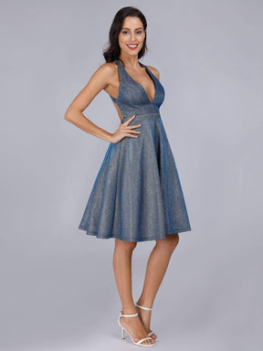 Color=Sapphire Blue | Sexy Deep V-Neck Knee Length Party Dress-Sapphire Blue 4