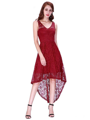 Color=Burgundy | High Low Lace Party Dress With V Neckline-Burgundy 2