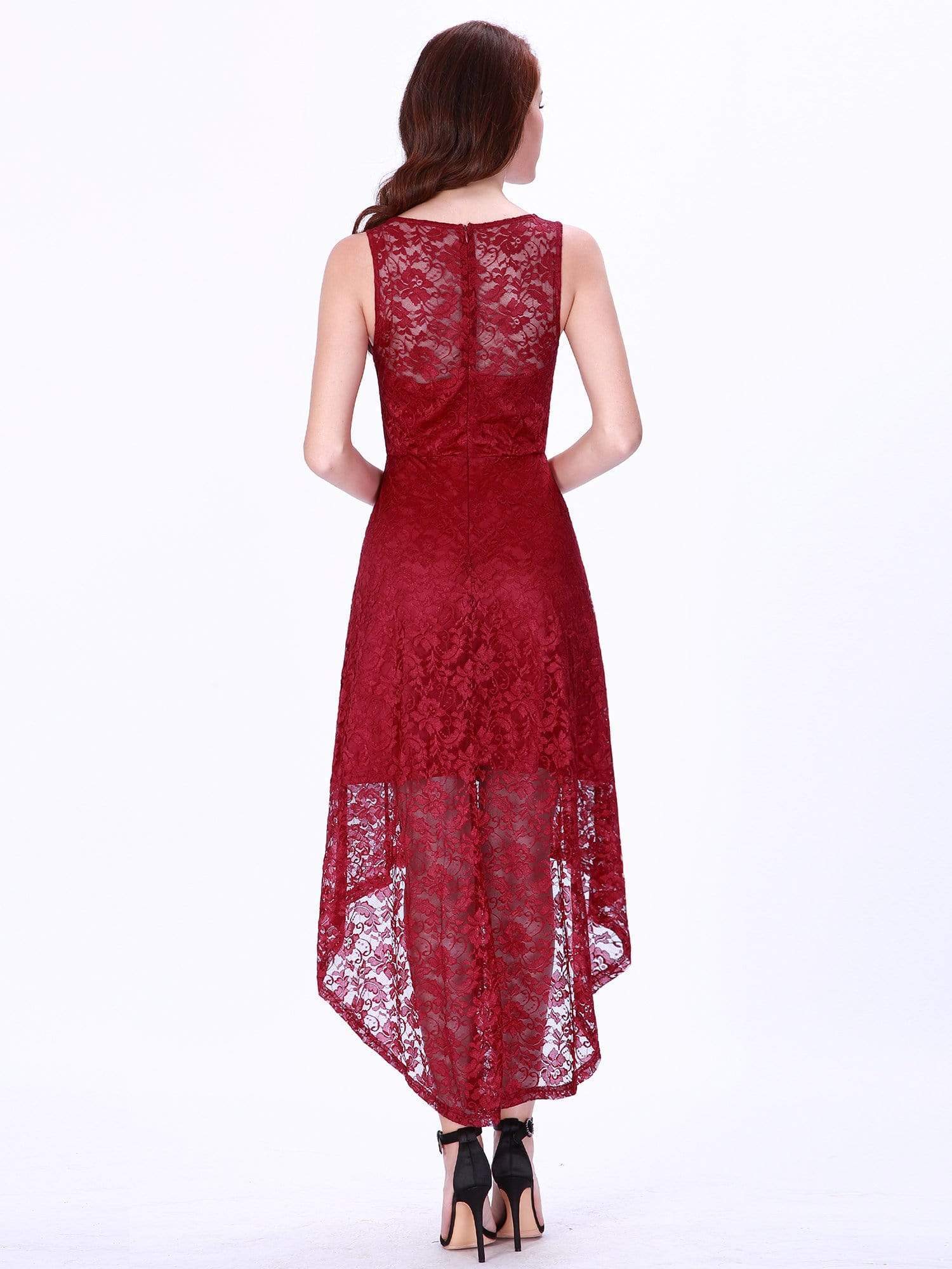 Color=Burgundy | High Low Lace Party Dress With V Neckline-Burgundy 3