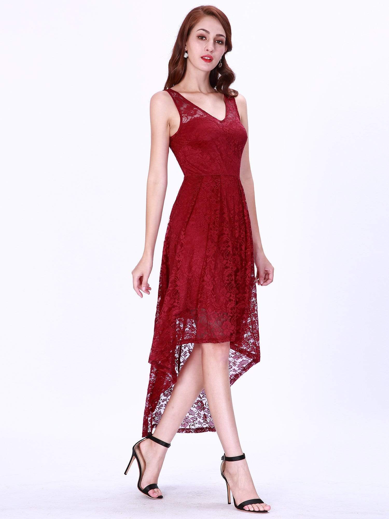 Color=Burgundy | High Low Lace Party Dress With V Neckline-Burgundy 4