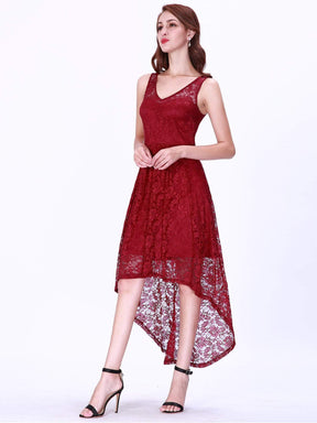 Color=Burgundy | High Low Lace Party Dress With V Neckline-Burgundy 5
