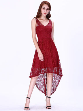 Color=Burgundy | High Low Lace Party Dress With V Neckline-Burgundy 1