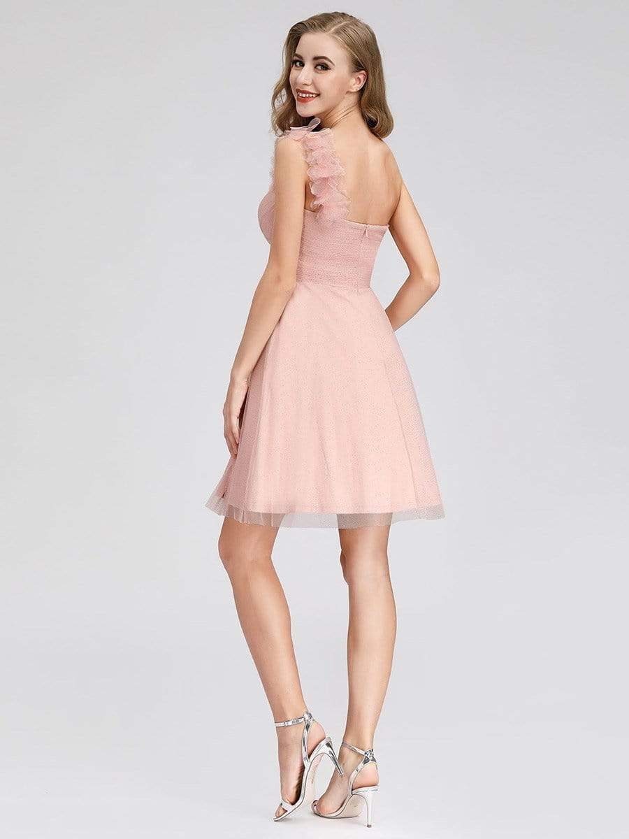 Color=Pink | Women'S One Shoulder Sweetheart Knee-Length Bridesmaid Dress-Pink 2