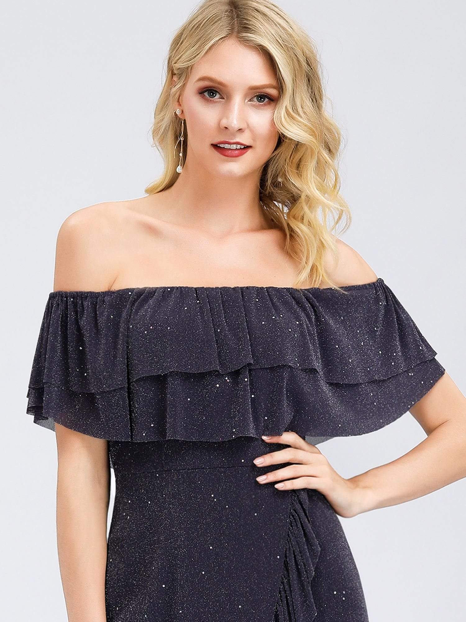 Color=Dark Purple | Women'S Off Shoulder Cocktail Dress With Ruffle Sleeves-Dark Purple 9