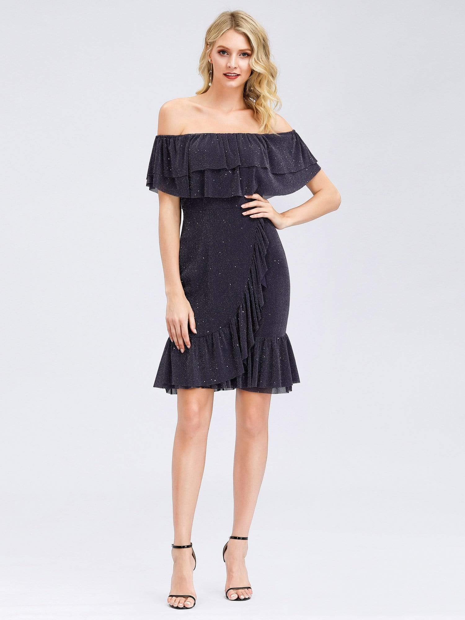 Color=Dark Purple | Women'S Off Shoulder Cocktail Dress With Ruffle Sleeves-Dark Purple 5