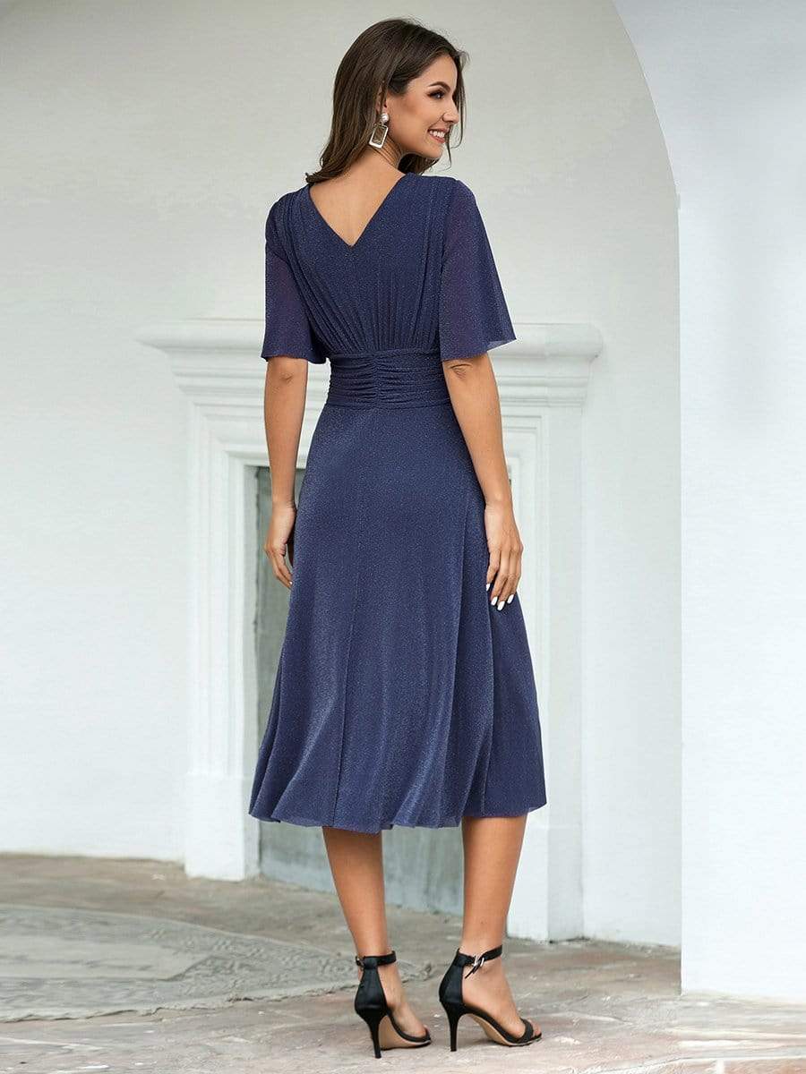 Color=Dusty Navy | Classic V Neck Knee-Length Ruched Cocktail Dresses-Dusty Navy 2