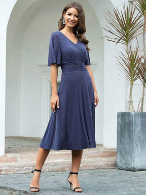 Color=Dusty Navy | Classic V Neck Knee-Length Ruched Cocktail Dresses-Dusty Navy 3