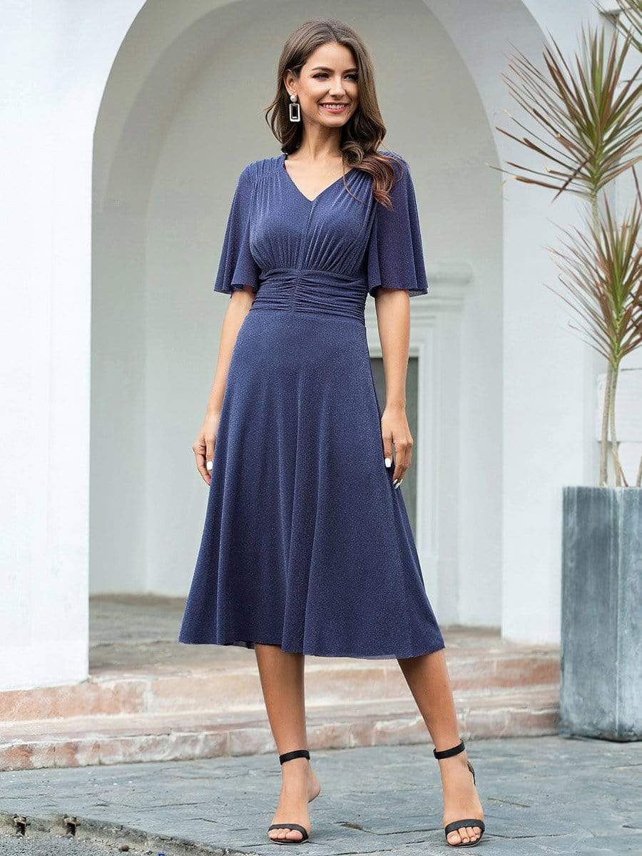 Color=Dusty Navy | Classic V Neck Knee-Length Ruched Cocktail Dresses-Dusty Navy 4