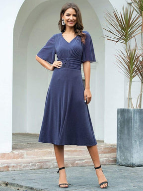 Color=Dusty Navy | Classic V Neck Knee-Length Ruched Cocktail Dresses-Dusty Navy 1