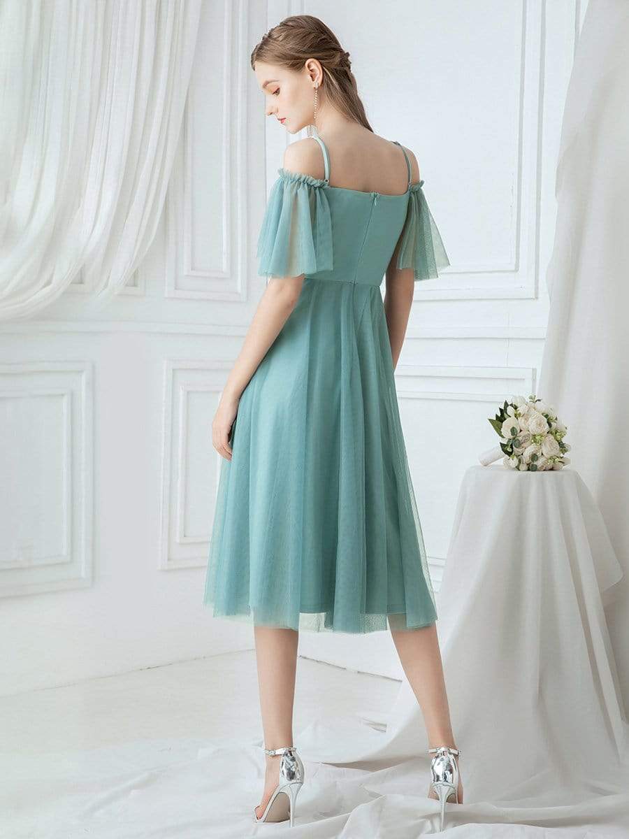 Color=Dusty Blue | Off-Shoulder With Strap Appliqued Mesh Short Bridesmaid Dress-Dusty Blue 2