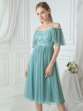 Color=Dusty Blue | Off-Shoulder With Strap Appliqued Mesh Short Bridesmaid Dress-Dusty Blue 3