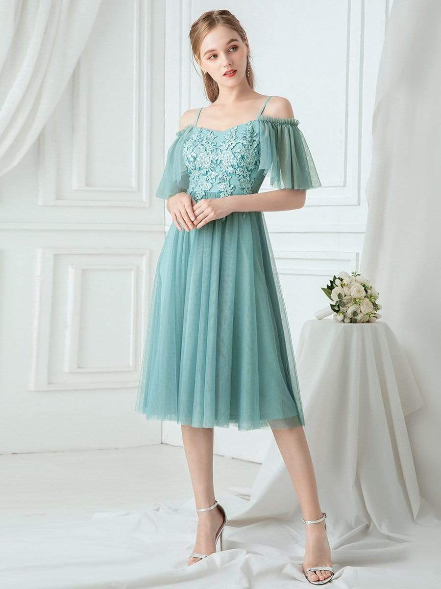 Color=Dusty Blue | Off-Shoulder With Strap Appliqued Mesh Short Bridesmaid Dress-Dusty Blue 4