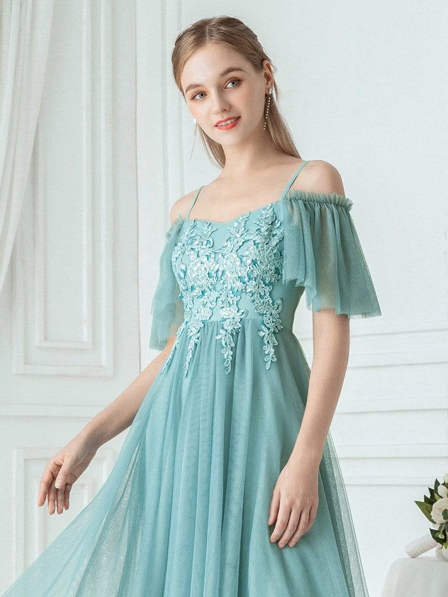 Color=Dusty Blue | Off-Shoulder With Strap Appliqued Mesh Short Bridesmaid Dress-Dusty Blue 5