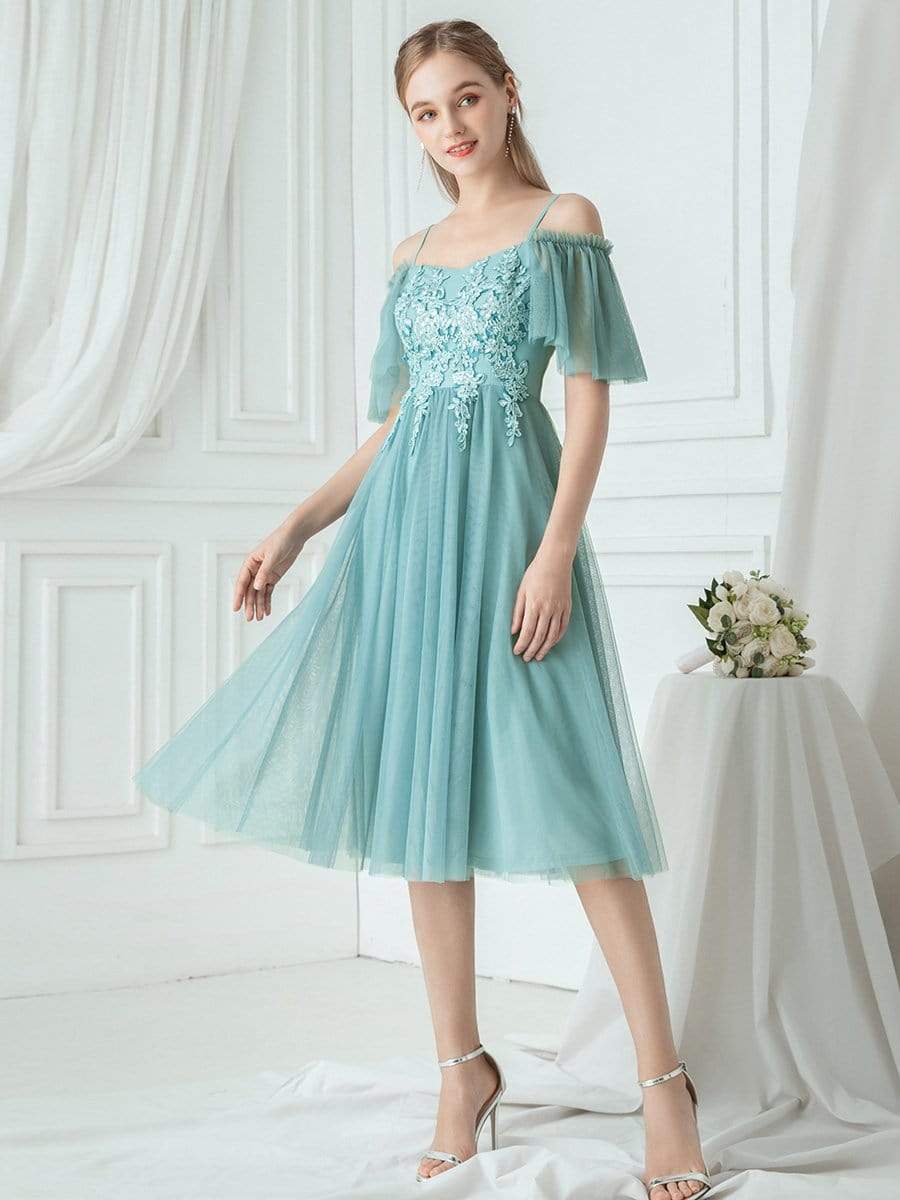 Color=Dusty Blue | Off-Shoulder With Strap Appliqued Mesh Short Bridesmaid Dress-Dusty Blue 1