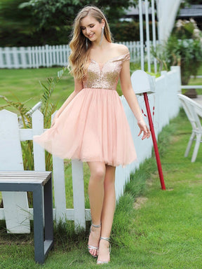 Color=Rose Gold | Women'S Elegant Short Tulle Bridesmaid Dress For Prom With Sequin-Rose Gold 3