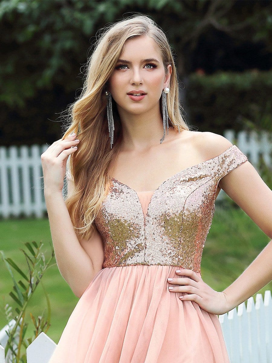 Color=Rose Gold | Women'S Elegant Short Tulle Bridesmaid Dress For Prom With Sequin-Rose Gold 5