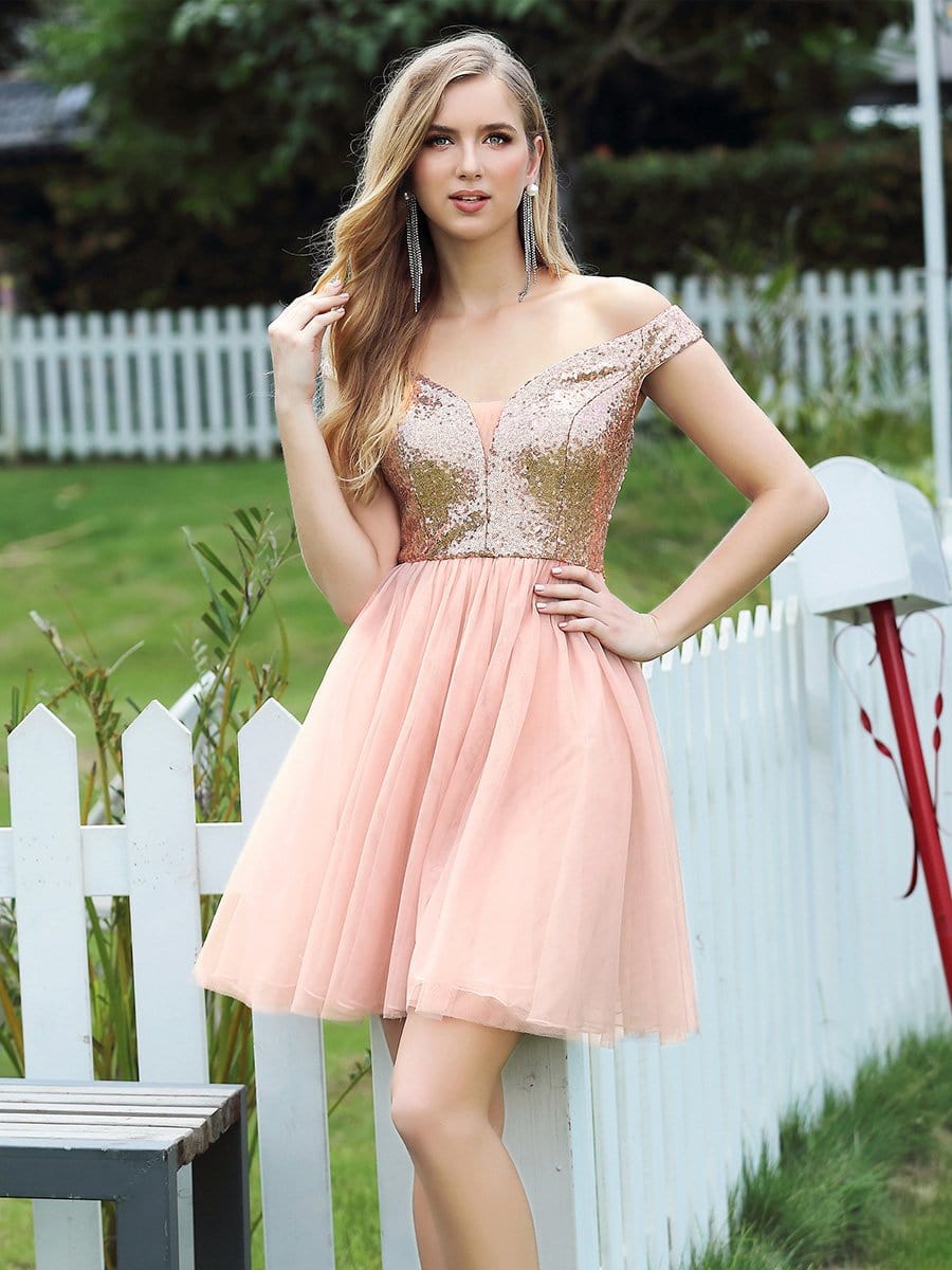 Color=Rose Gold | Women'S Elegant Short Tulle Bridesmaid Dress For Prom With Sequin-Rose Gold 1