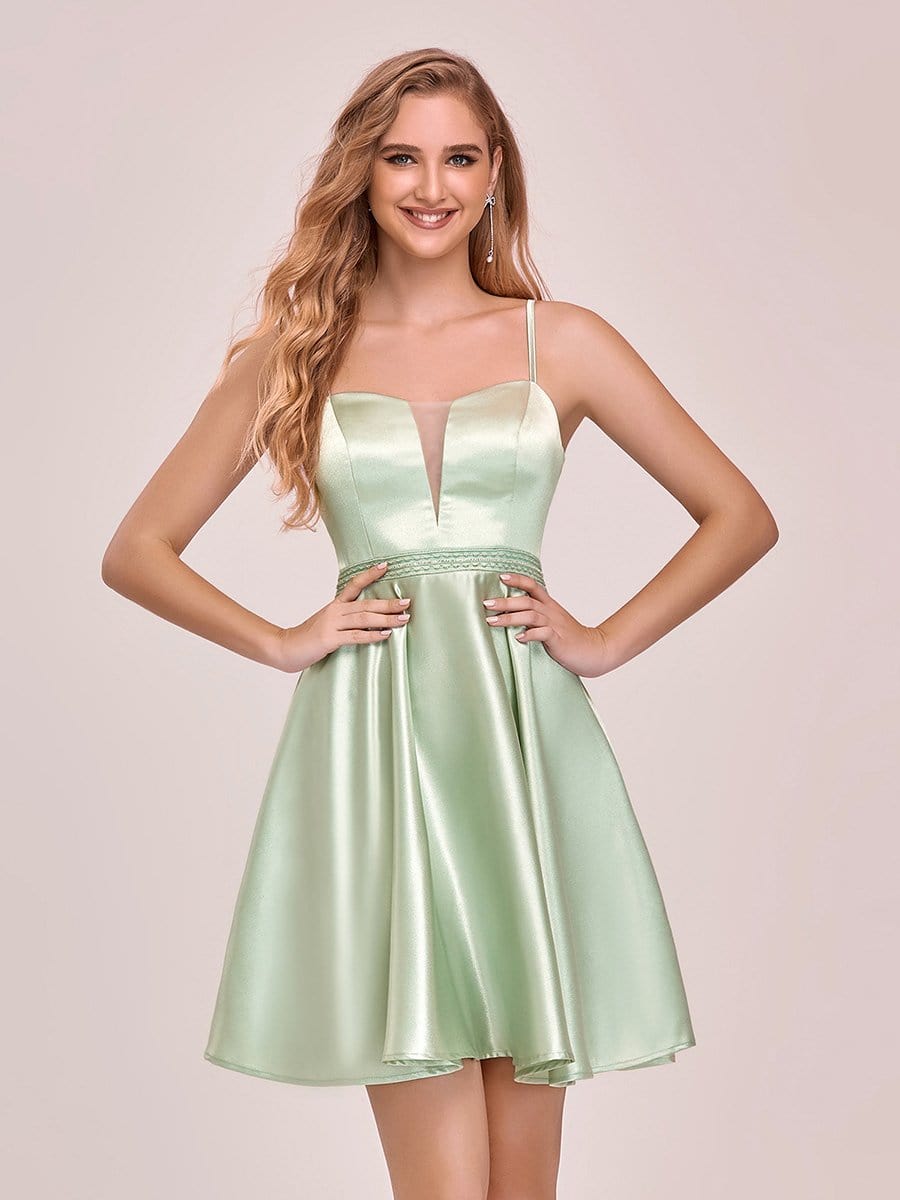 Color=Mint Green | Sweet Mini Satin Cocktail Dress For Women With Spahetti Straps-Mint Green 1