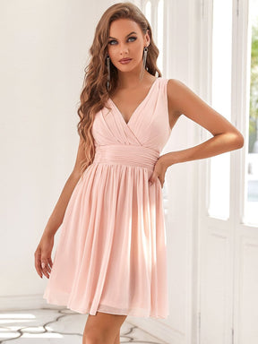 Color=Pink | Short Sleeveless Party Dress With V-Neck-Pink 1