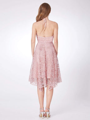 Color=Pink | Short Halter Lace Summer Dress-Pink 5