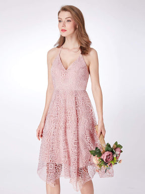 Color=Pink | Short Halter Lace Summer Dress-Pink 6