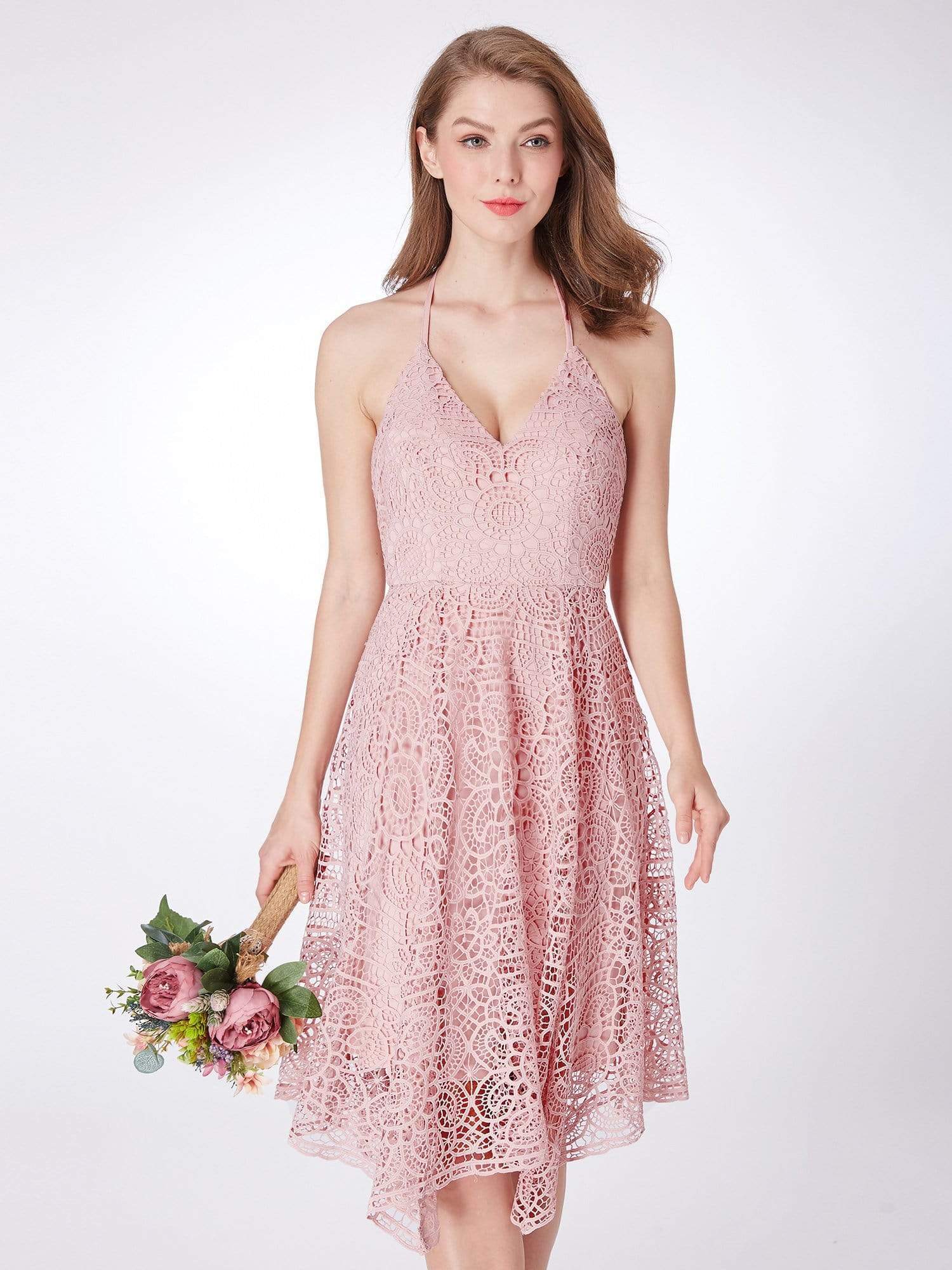 Color=Pink | Short Halter Lace Summer Dress-Pink 7