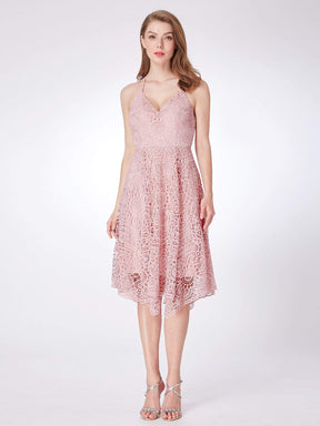 Color=Pink | Short Halter Lace Summer Dress-Pink 2