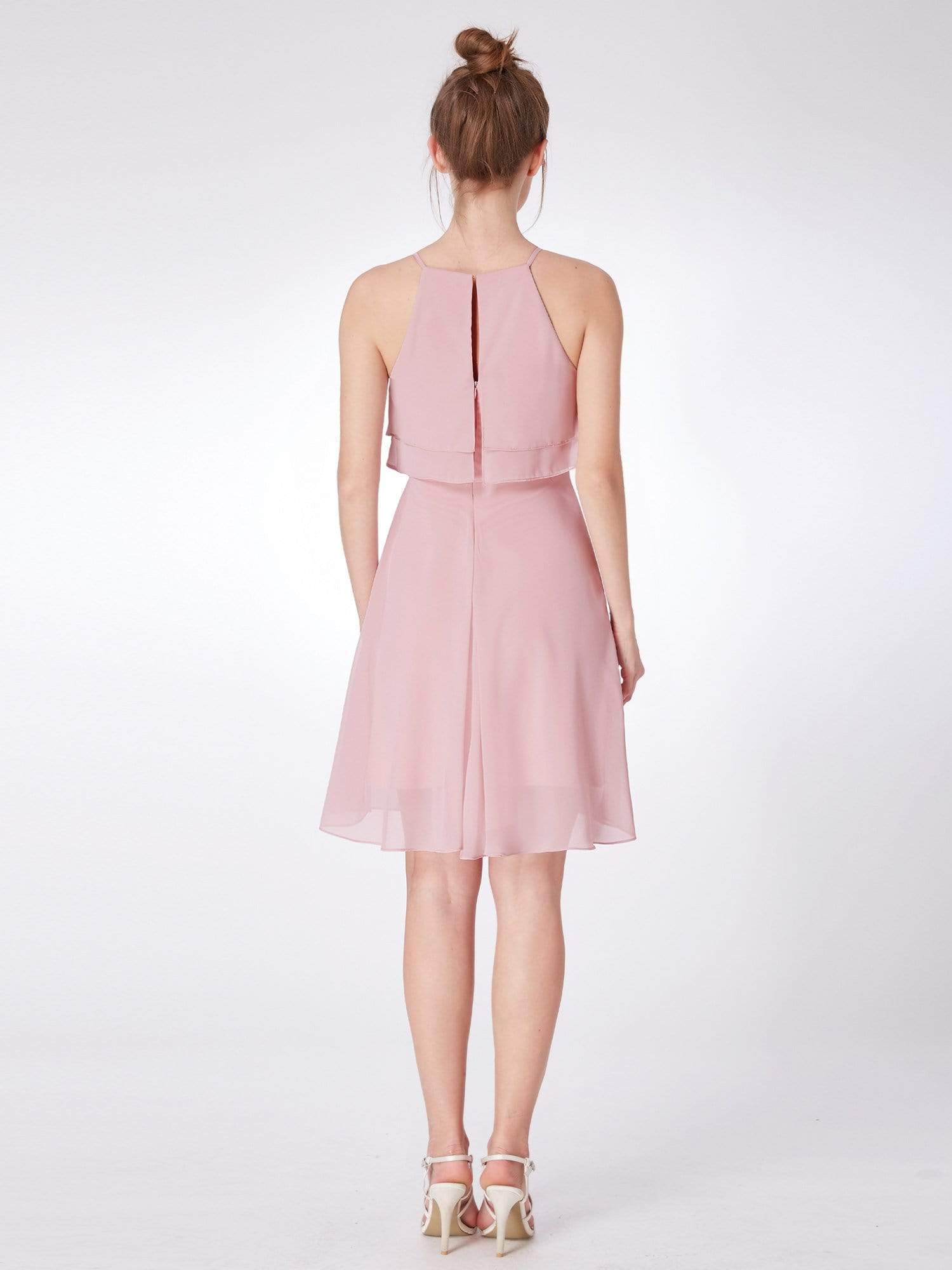 Color=Mauve | Short Flowy Bridesmaid Dress With Halter Neckline-Mauve 4