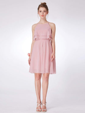 Color=Mauve | Short Flowy Bridesmaid Dress With Halter Neckline-Mauve 3
