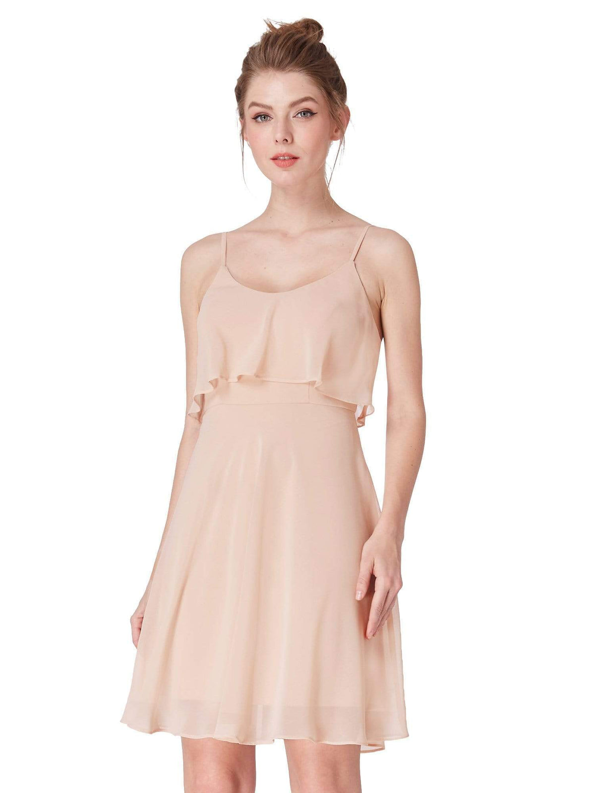Color=Blush | Flowy Short Chiffon Bridesmaid Dress-Blush 2