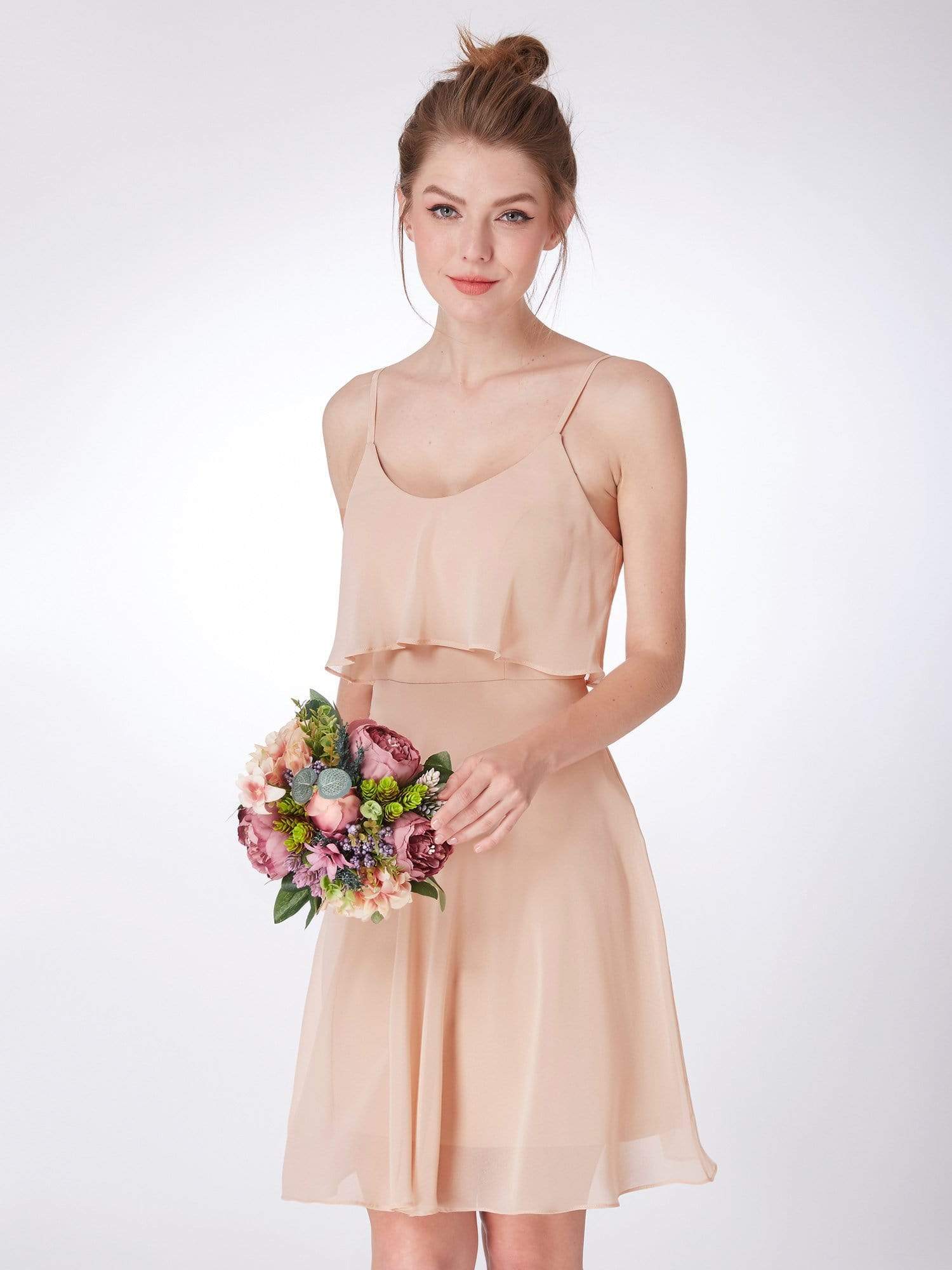 Color=Blush | Flowy Short Chiffon Bridesmaid Dress-Blush 4