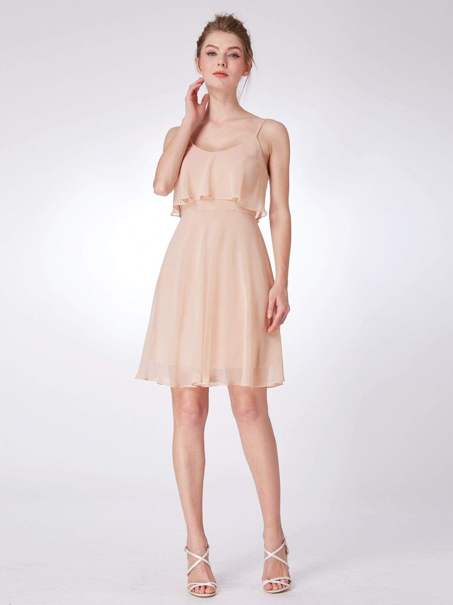 Color=Blush | Flowy Short Chiffon Bridesmaid Dress-Blush 5