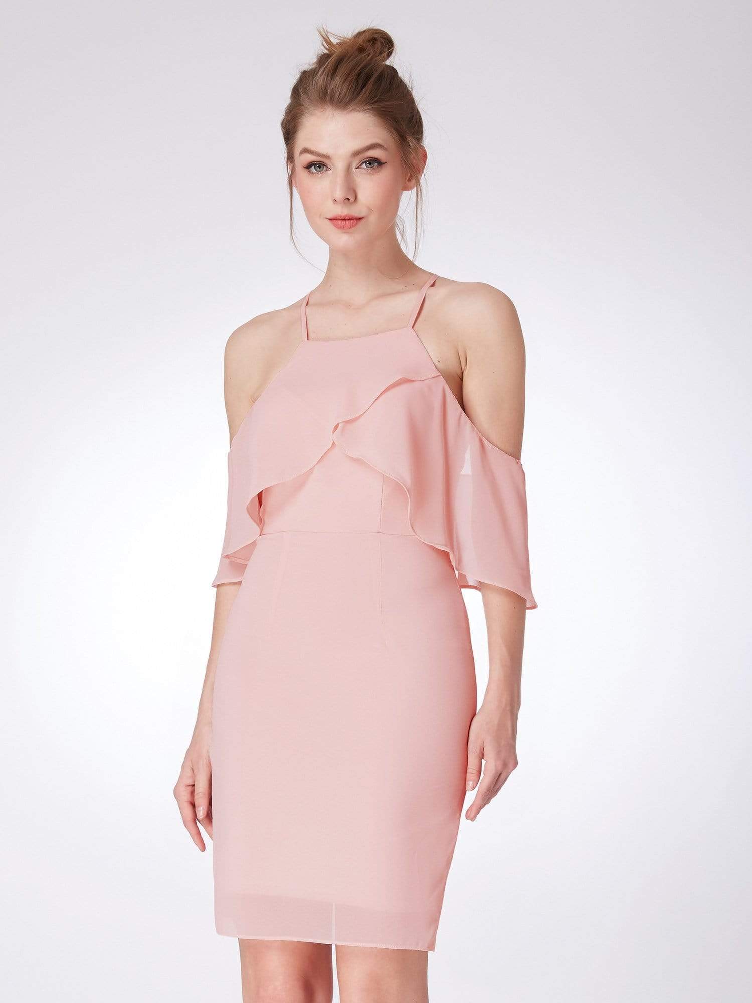 Color=Pink | Short Cold Shoulder Party Dress-Pink 4