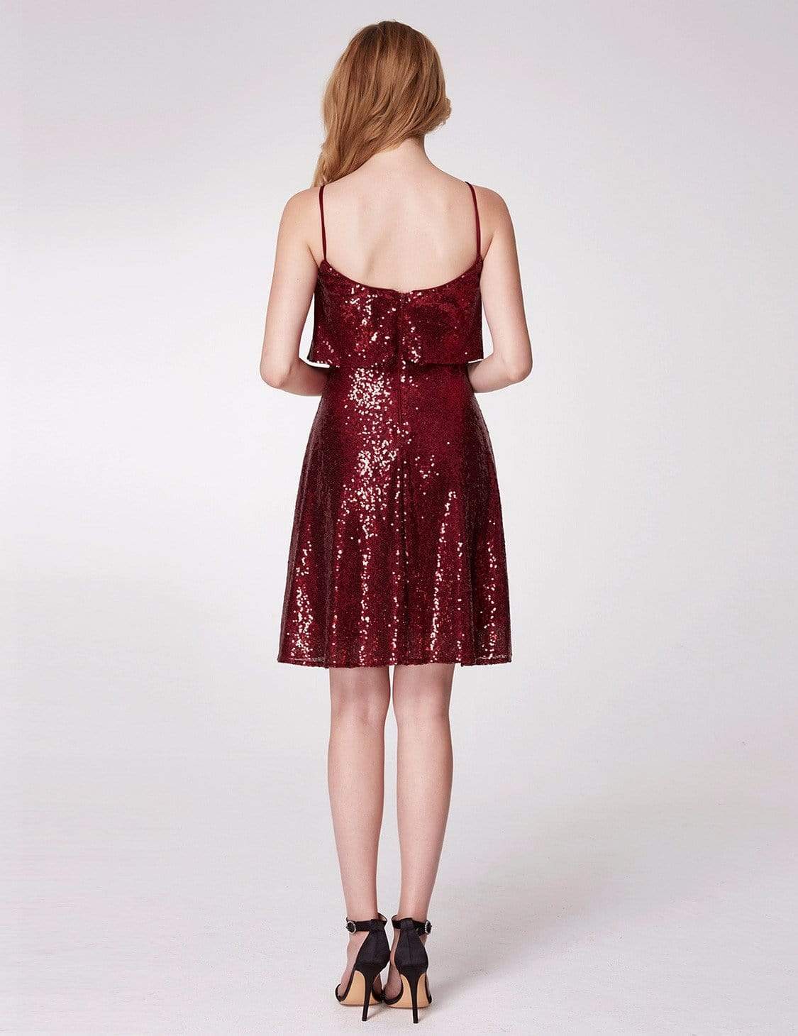 Color=Burgundy | Short Sequins Party Dress-Burgundy 5